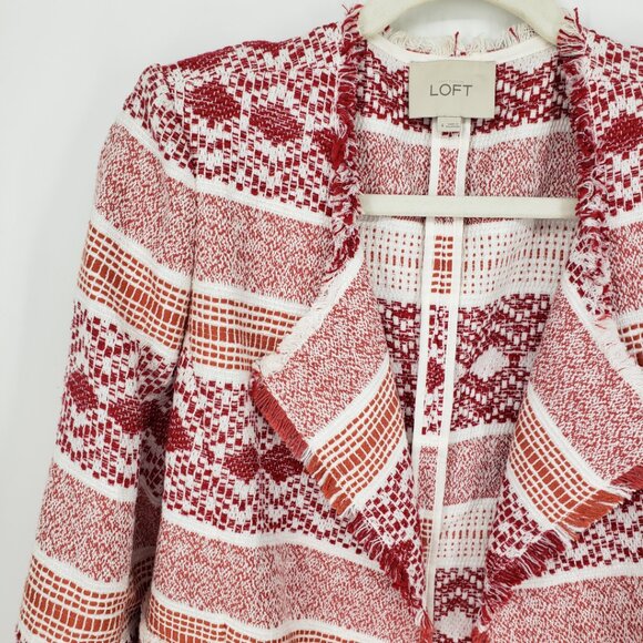 LOFT Fringe Trim Geometric Tweed Open Front Blazer Jacket 4 Red Orange - Picture 4 of 9